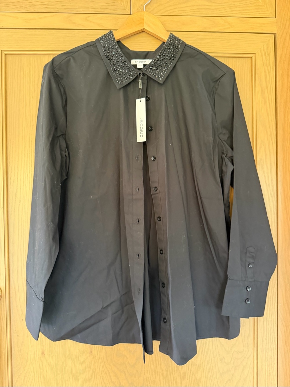 NWT Chico's Black Poplin Shirt Tonal Jewel Long Sleeve / 3.5 / US 18
